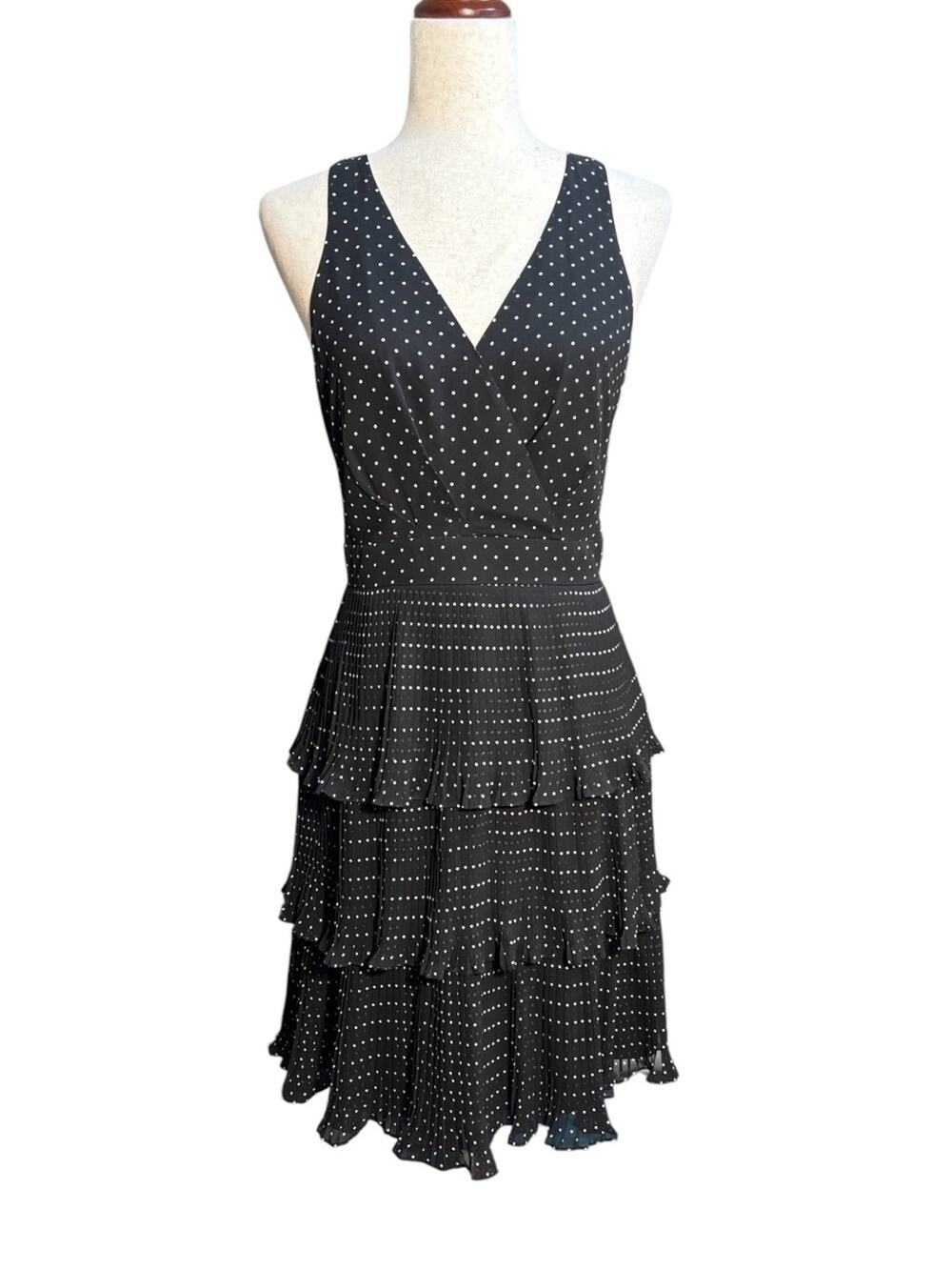 Eliza J Black White Polka Dot Tiered Pleated Dress Size 10 1096